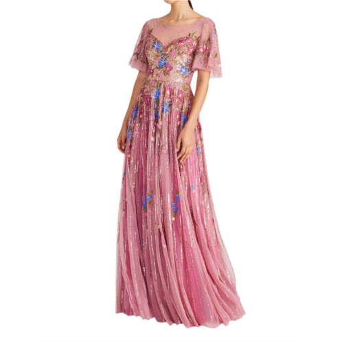 THEIA maxine bateau neck beaded gown in powder blush