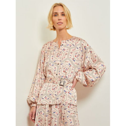 Misook balloon sleeve belted blouse - floral print crepe de chine