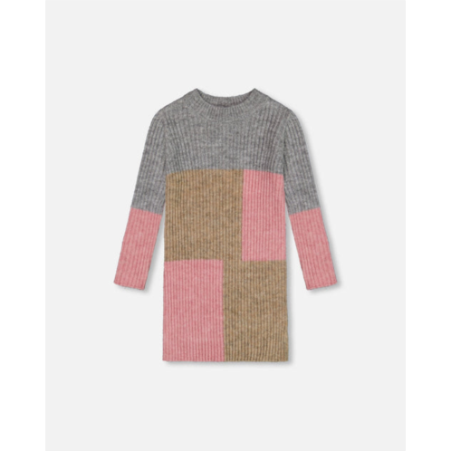 Deux par Deux colorblock sweater dress gray, golden and pink