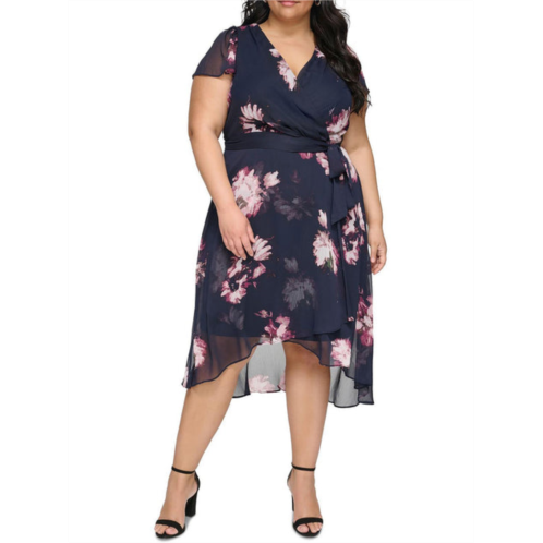 DKNY plus womens chiffon floral wrap dress