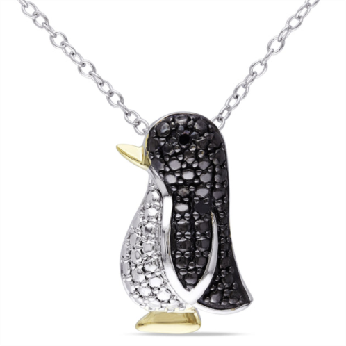 Mimi & Max black diamond penguin necklace in two-tone white and yellow sterling silver