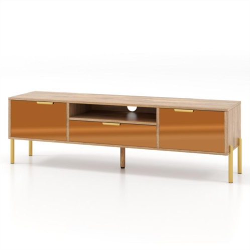 Hivvago mirrored tv stand for tv up to 65 inch with spacious tabletop and 2 storage cabinets-natural