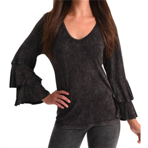 ANGEL stone wash bell sleeve top in charcoal