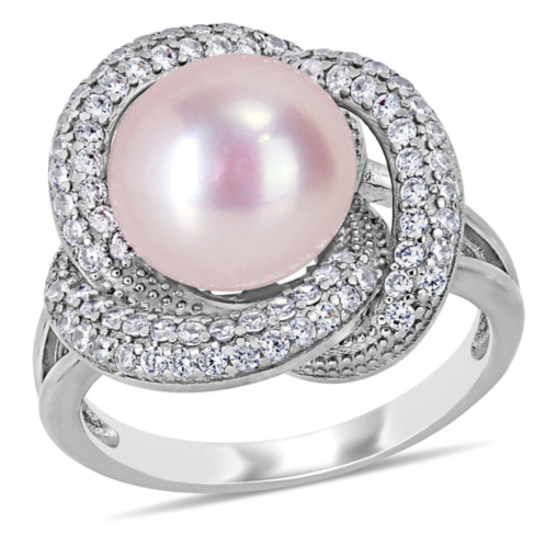 Mimi & Max 10.5-11mm pink cultured freshwater pearl and 3/4ct tgw cubic zirconia interlaced ring in sterling silver