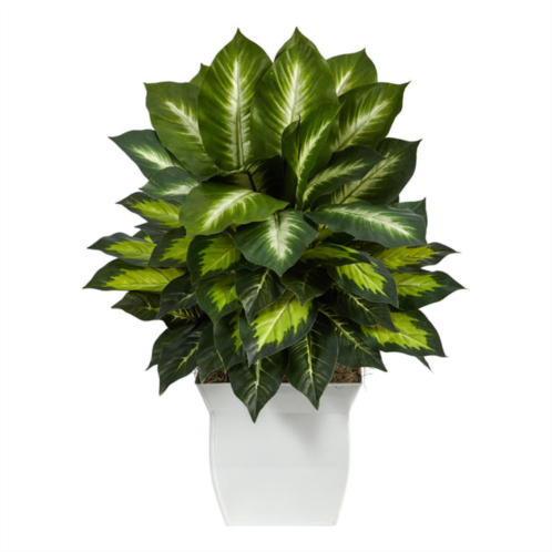 HomPlanti golden dieffenbachia artificial plant in white metal planter 2