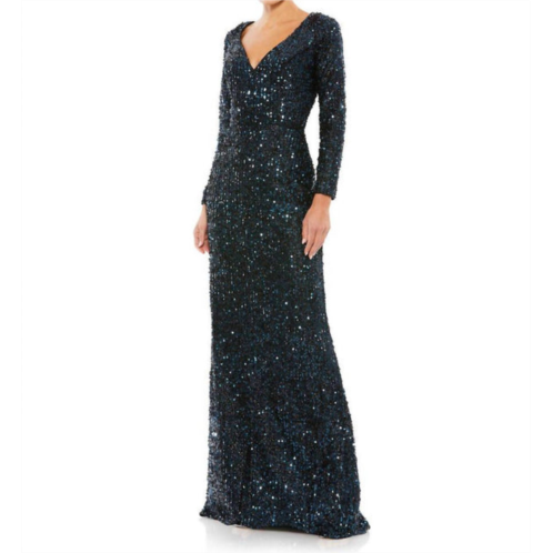 MAC DUGGAL long sleeve sequined gown in midnight