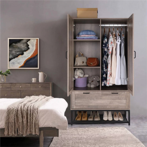 QuikFurn modern 2-door bedroom wardrobe cabinet armoire shoe rack in retro grey finish