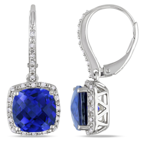 Mimi & Max 6 1/2 ct tgw created blue sapphire and 1/5 ct tw diamond leverback halo earrings in sterling silver