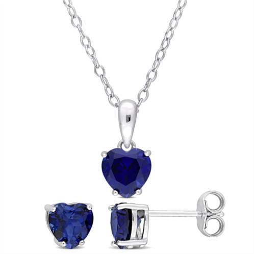 Mimi & Max 2 3/4 ct tgw heart-shape created blue sapphire 2-piece set of pendant with chain and earrings in sterling silver