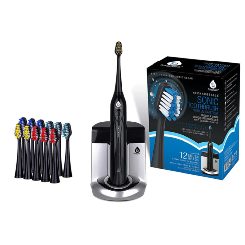 PURSONIC deluxe plus sonic rechargeable toothbrush with built in uv sanitizer and bonus 12 brush heads included, black