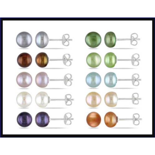 Mimi & Max set of 10 pairs of 7mm button-shaped freshwater cultured pearl stud earrings in sterling silver