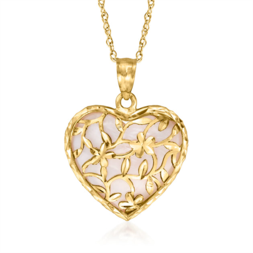 Ross-Simons pink mother-of-pearl floral heart pendant necklace in 14kt yellow gold