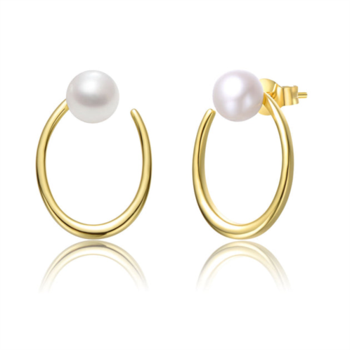 Genevive sterling silver 14k yellow gold plated with white pearl oblong oval halo hoop dangle earrings