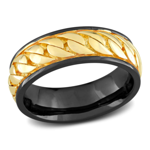 Mimi & Max ribbed design mens ring in sterling silver with black rhodium and yellow gold plating