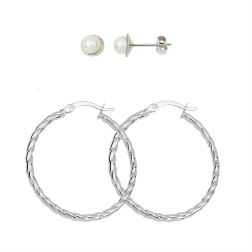 MAXCOLOR sterling silver 5mm pearl and twisted hoop earrings set