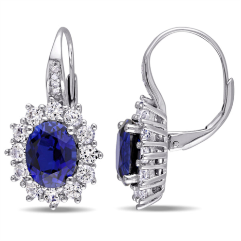 Mimi & Max 8.06 ct tgw created blue and white sapphire and halo diamond leverback earrings in sterling silver