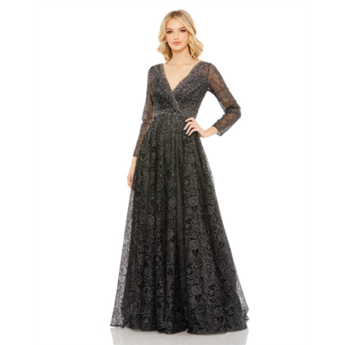 Mac Duggal embellished illusion long sleeve v neck gown