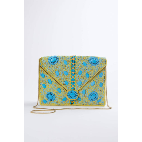 ETHNiQUE vasant handmade beaded shoulder clutch bag in turquoise