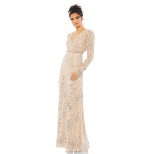 Mac Duggal sequined floral embellihsed long sleeve gown