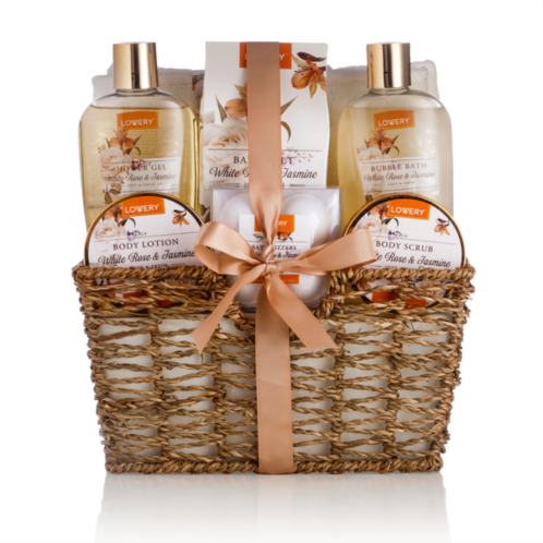 Lovery home spa gift basket - white rose & jasmine - luxury 11 pc bath & body gift