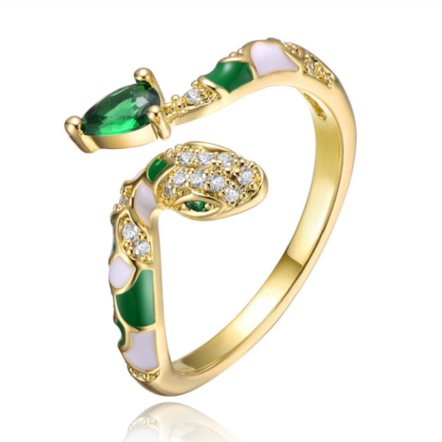 Rachel Glauber rg 14k yellow gold plated with emerald & cubic zirconia coiled snake serpent open bypass cuff ring