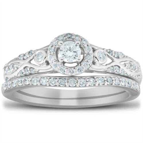 Pompeii3 1/2 ct halo round diamond vintage engagement wedding ring set 10k white gold