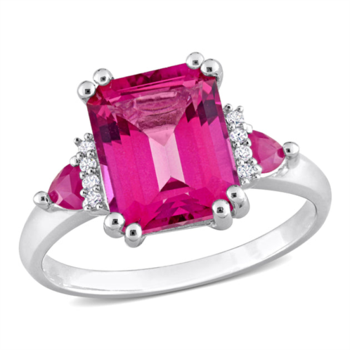 Mimi & Max womens 4 1/2ct tgw octagon-cut pink topaz & trilliant-cut ruby diamond accent 3-stone ring in sterling silver