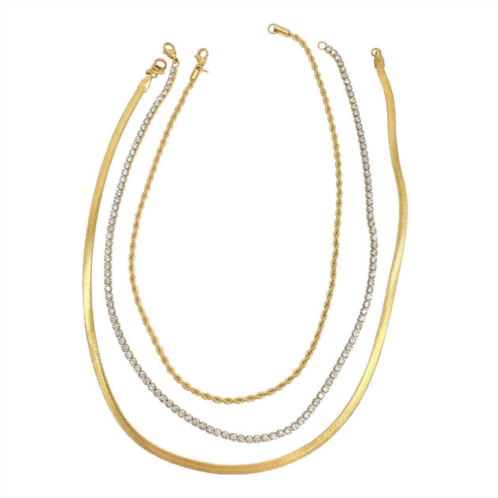 Adornia herringbone chain, rope chain, and tennis necklace set gold