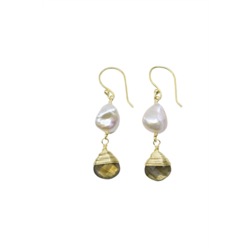 A Blonde and Her Bag pearl earring with hand wrapped labradorite earring