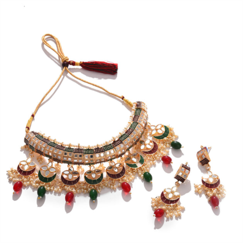 SOHI gold color gold plated designer stone beaded necklace and earrings set for womens