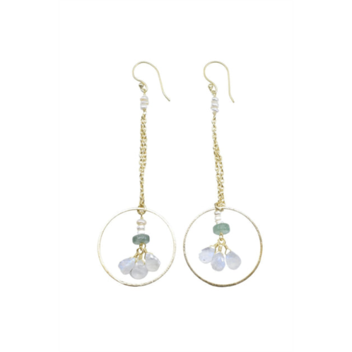 A Blonde and Her Bag pearl accented gold chain dangle earrings with green strawberry quartz and moonstone hoop drop