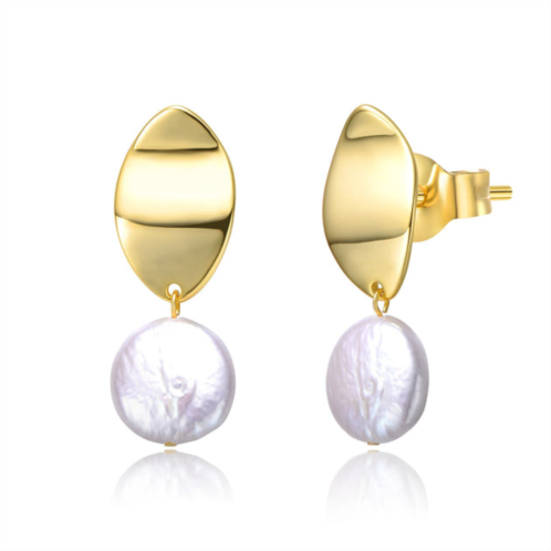 Genevive sterling silver 14k yellow gold plated with white coin pearl dangle drop marquise medallion earrings