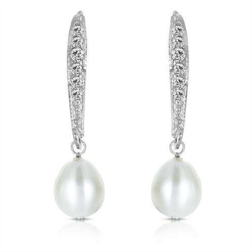 Genevive c.z. sterling silver rhodium plated white water pearl dangling earring