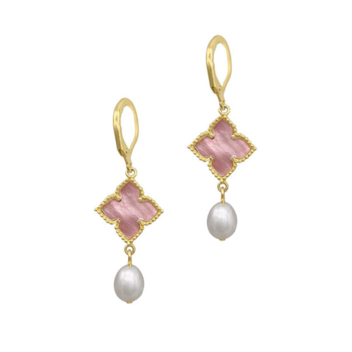 Adornia floral and pearl drop earrings pink mother of pearl gold