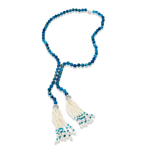 Savvy Cie Jewels 48 green agate and cultured pearl tassel necklace embelished with cz stations