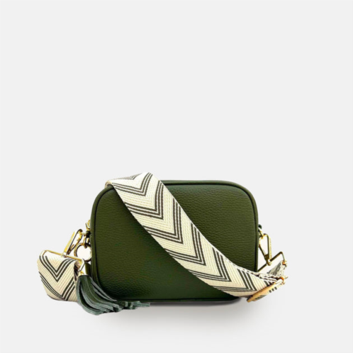 Apatchy London olive green leather crossbody bag with olive green arrow strap