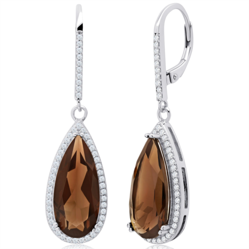 MAXCOLOR pear cut gemstone quartz and white topaz halo dangle leverback earrings in sterling silver (18x8mm)