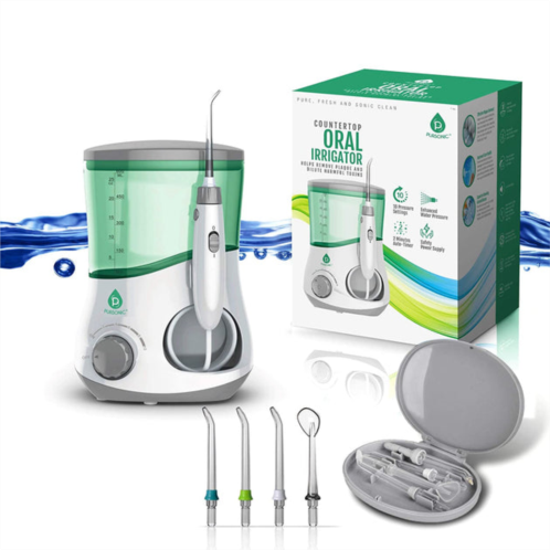 PURSONIC professional counter top oral irrigator water flosser with 3 nozzles plus a bonus tongue scraper