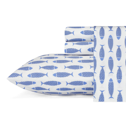 Nautica woodblock fish blue sheet set