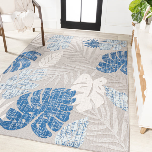 JONATHAN Y monstera tropical leaf high-low indoor/outdoor light gray/navy area rug