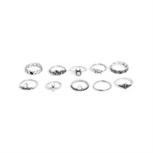 SOHI set of 10 oxidized silver-toned white adjustable finger rings