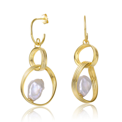 Genevive sterling silver 14k yellow gold plated with baroque white pearl double drop half-hoop dangle earrings