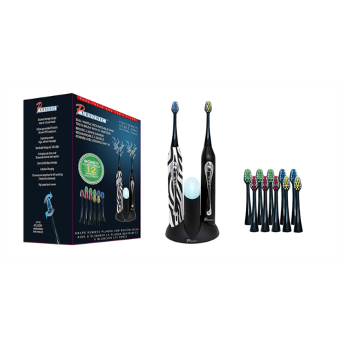 PURSONIC dual handle rechargeable sonic toothbrush with uv sanitizer,12 brush heads, black & zebra