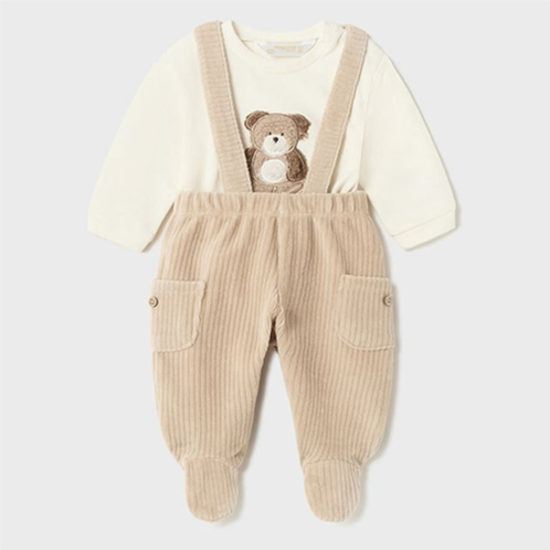 Mayoral beige bear graphic overalls outfit