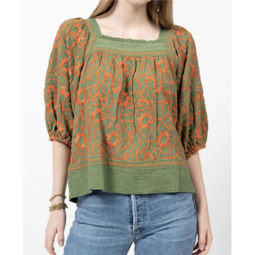 Sister Mary embroidered cotton square neck top in green orange