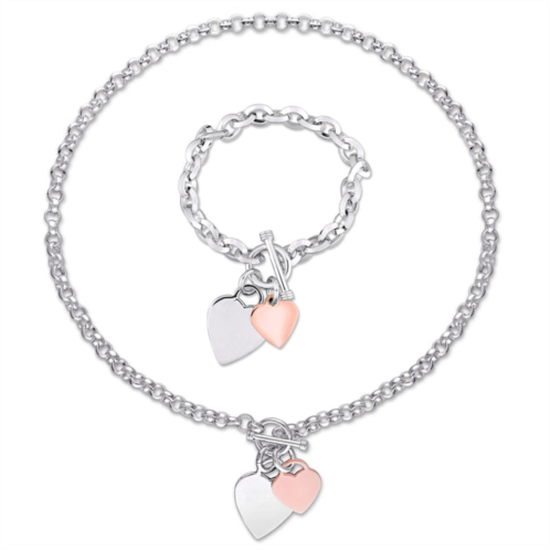 Mimi & Max heart charm bracelet and necklace set in two-tone rose and white sterling silver