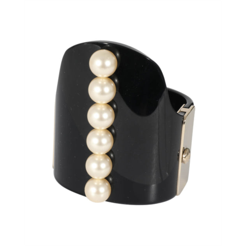 Chanel 2015 gold tone resin hinged bangle bracelet with faux pearls