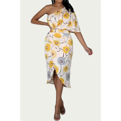 Black Pearl Clothing one-shoulder ruched floral-print midi dress in yellow