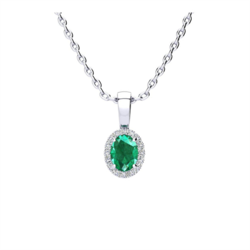 SSELECTS 1/2 carat oval shape emerald necklaces with diamond halo in 14 karat white gold, 18 inch chain i-j, i1-i2