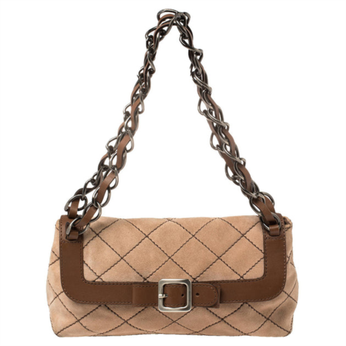 Moschino beige/brown suede and leather buckle flap shoulder bag